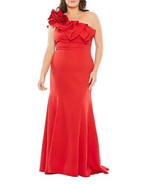 Shop Mac Duggal Plus Ruffled One Shoulder Gown In Red