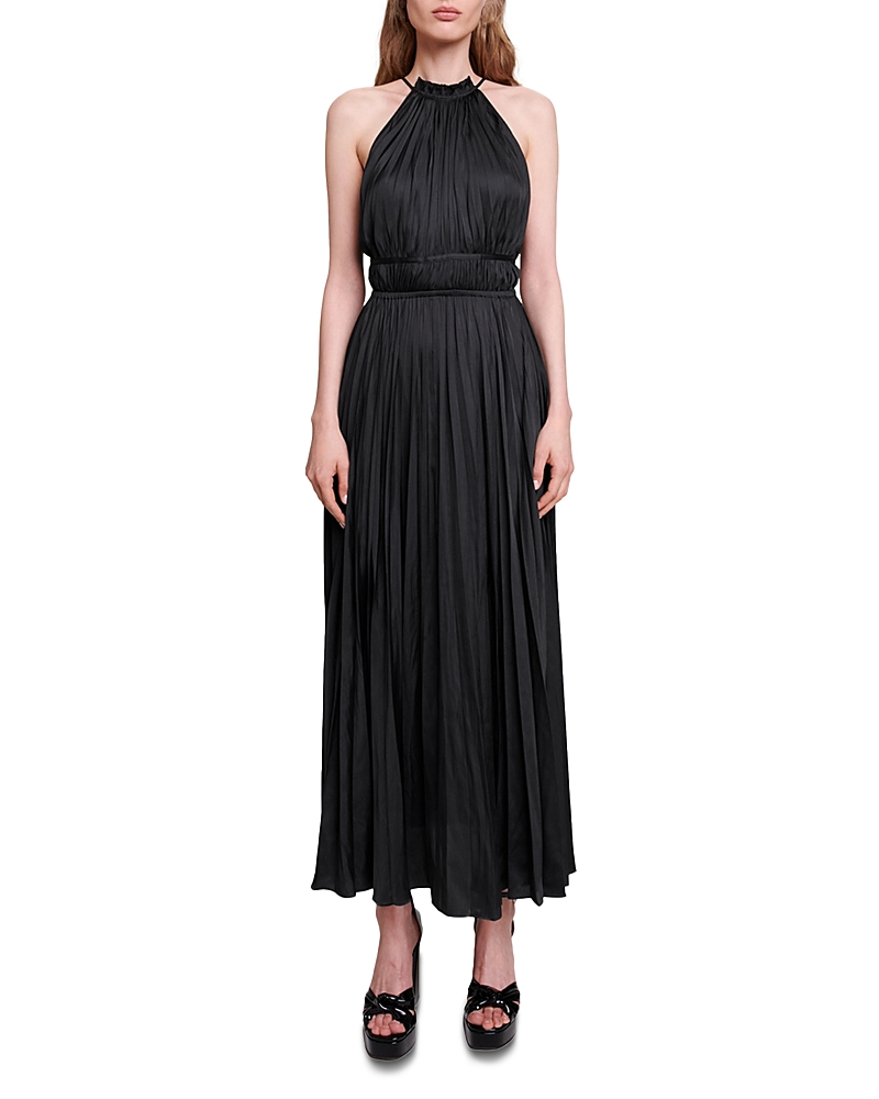 Maje Revilly Pleated Satin Maxi Dress In Black