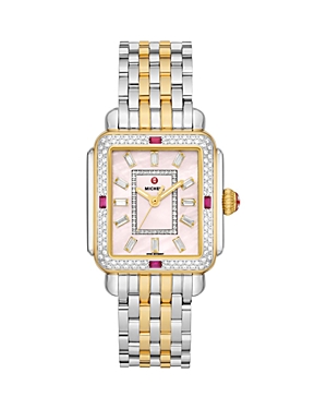 Shop Michele Limited Edition Deco Two Tone 18k Gold Plated Diamond Watch, 30mm X 35mm In Pink/two-tone