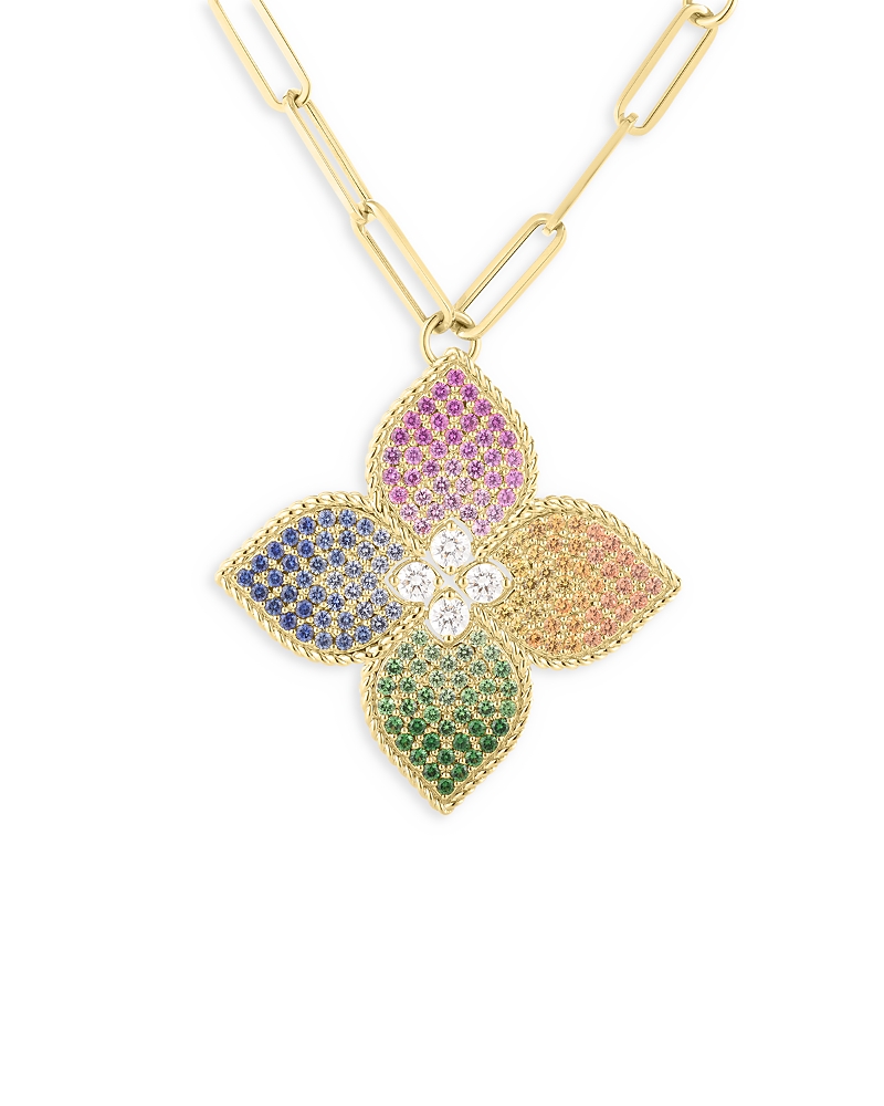 Roberto Coin 18K Yellow Gold Venetian Princess Diamond (0.35 ct. t. w.), Green Tsavorite (0.47 ct. t. w.) & Multi-Sapphire (1.55 ct. t. w.) Floral Pendant Necklace, 33