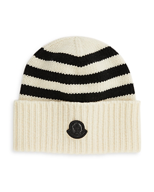 Moncler Stripe Wool Cashmere Hat In White/black