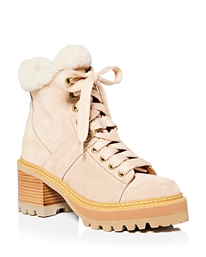 Shop See By Chloé See By Chloe Women's Lace Up Lug Sole Shearling Booties In Natural