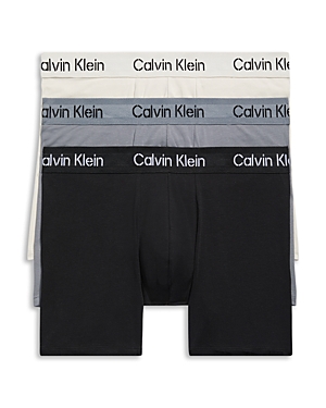 Shop Calvin Klein Cotton Stretch Mid Rise Stencil Logo Waistband Boxer Briefs, Pack Of 3 In Black/moonbeam/shining Armor