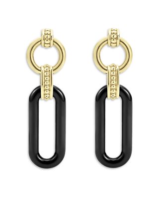 18K Yellow Gold Black Caviar Ceramic Link Drop Earrings