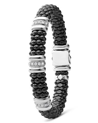Sterling Silver Black Caviar Black Ceramic & Diamond Rondelle Beaded Bracelet