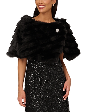 Adrianna Papell Faux Fur Brooch Capelet In Black