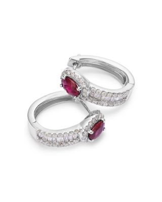 Precious Stone & Diamond Halo Hoop Earring in 14K White Gold