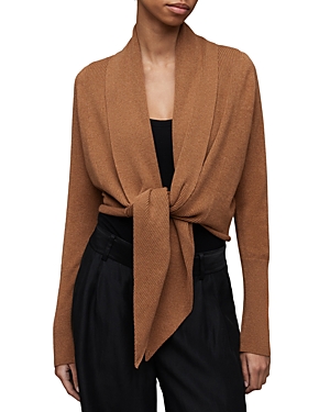 Allsaints Pirate Ribbed Cashmere & Wool Cardigan In Camel Brown