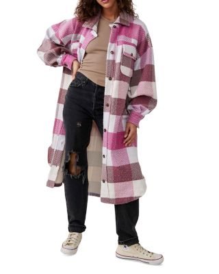 Free People Ruby Plaid Long Button-up Jacket In Wine Combo