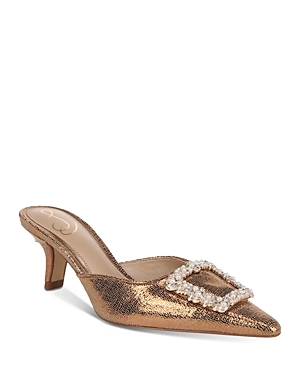 SAM EDELMAN WOMEN'S BRIT POINTED TOE EMBELLISHED BUCKLE DEEP GOLD MID HEEL PUMPS