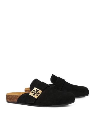 Tory Burch Mellow Black Slip-on Mule With Metallic Logo Buckle In Suede Woman