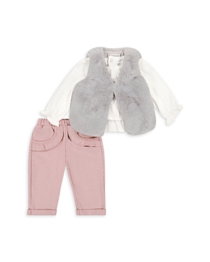 Miniclasix Girls' Faux Fur Waistcoat, Top & Trousers Set - Baby In Grey