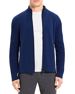 Theory Walton Cotton Blend Full Zip Stand Collar Cardigan In Blueberry