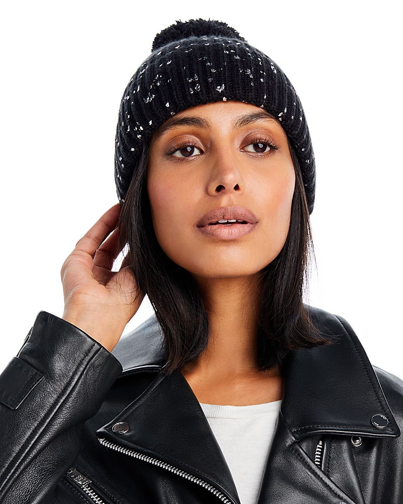 Aqua Foil Cuff Knit Pom Pom Hat - Exclusive In Black