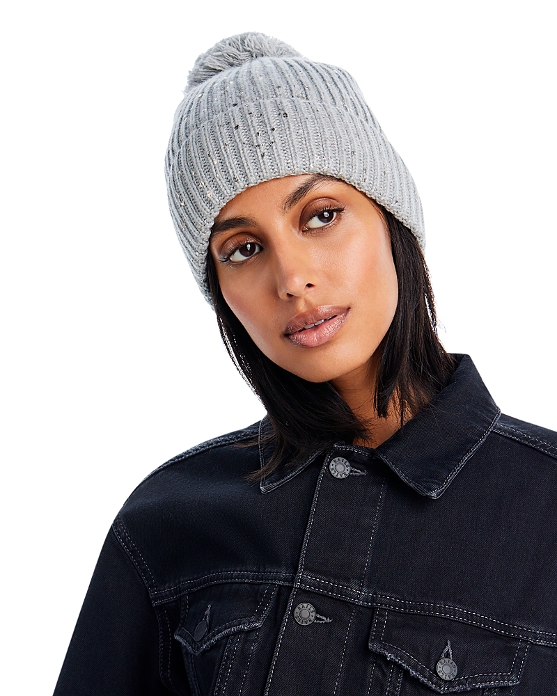 Aqua Foil Cuff Knit Pom Pom Hat - Exclusive In Gray
