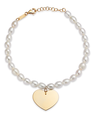 Bloomingdale's Freshwater Pearl Heart Charm Bracelet In 14k Yellow Gold In White/gold