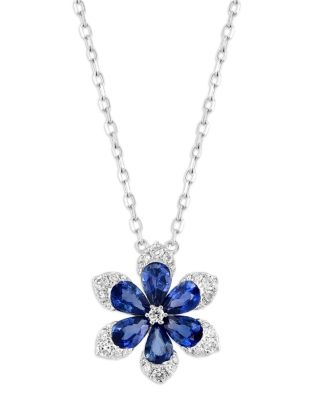 Blue Sapphire & Diamond Flower Pendant Necklace in 14K White Gold, 18"