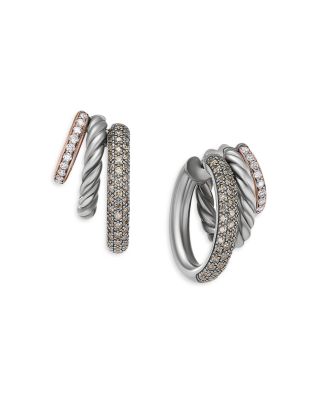 David Yurman 18K Rose Gold & Sterling Silver Mercer Cognac & White Diamond Pave Triple Hoop Earrings