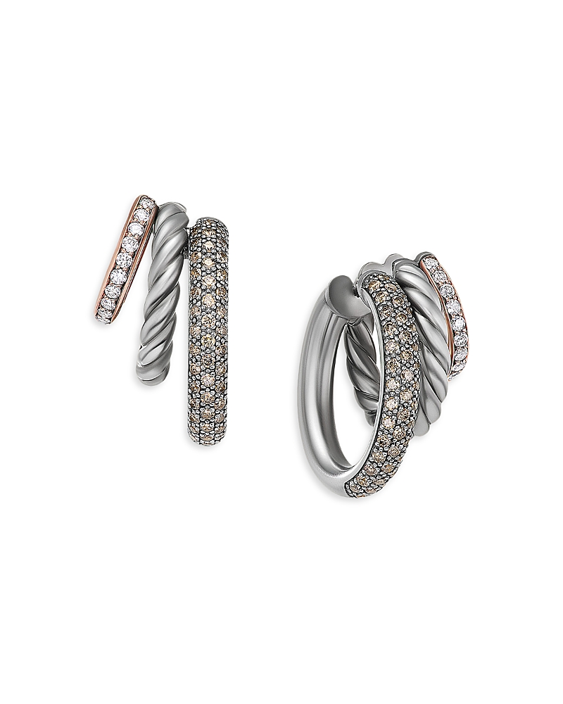David Yurman 18K Rose Gold & Sterling Silver Mercer Cognac & White Diamond Pave Triple Hoop Earrings