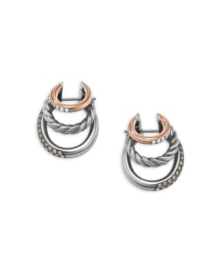 18K Rose Gold & Sterling Silver DY Mercer Cognac & White Diamond Pav&eacute; Triple Hoop Earrings