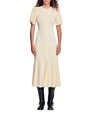 Sandro Menia Knitted-construction Midi Dress In Off White
