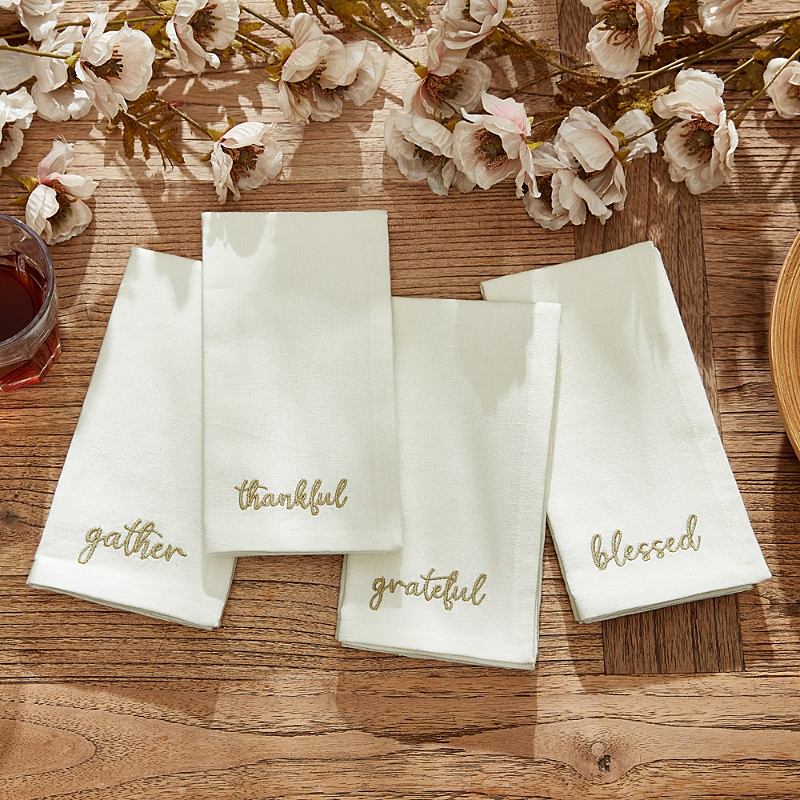 Elrene Home Fashions Harvest Sentiment Embroidered Napkins, Set of 4