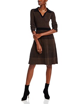 T Tahari - Long Sleeve Collared Fit and Flare Dress