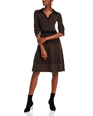 T Tahari Long Sleeve Collared Fit And Flare Dress In Black/burnt