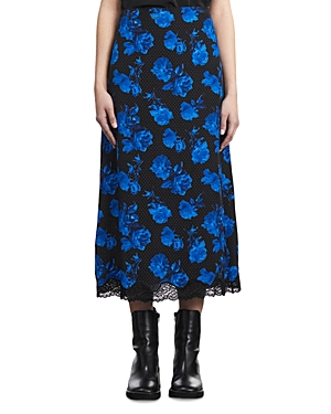 Shop The Kooples Dot & Rose Print Silk Midi Skirt In Black/ Blue