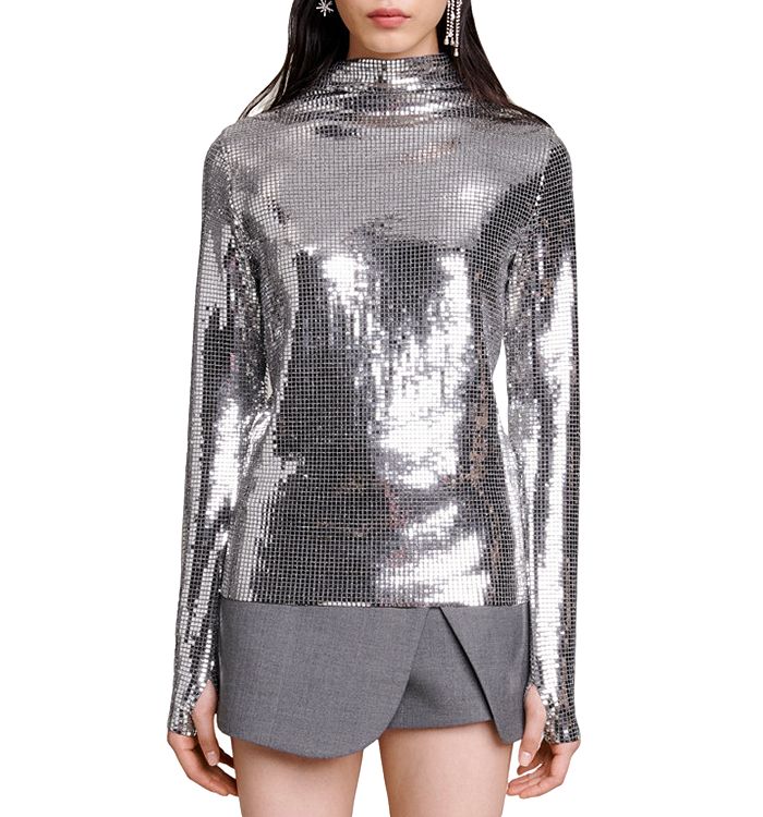 Maje Lisco Sequined Funnel Neck Top