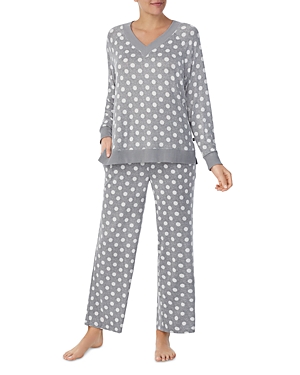 Kate Spade New York Long Sleeve V Neck Pajama Set In Gray/ Port