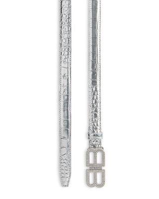 Balenciaga Women's Bb Hourglass Thin Belt Metallized Crocodile Embossed with Rhinestones