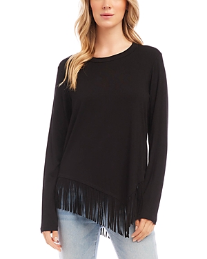 Karen Kane Asymmetric Fringe Jersey Top In Black