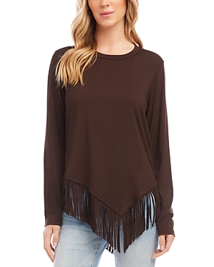 Karen Kane Asymmetric Fringe Jersey Top In Brown