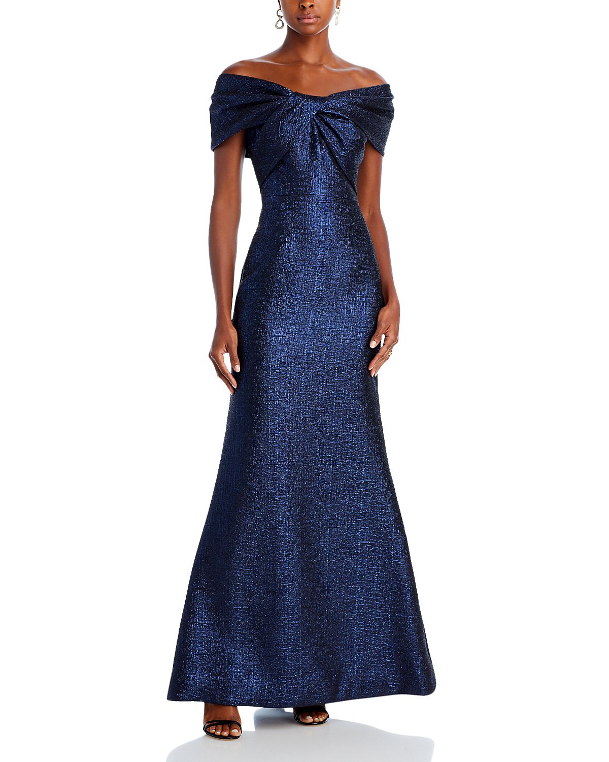 Teri Jon by Rickie Freeman Metallic Jacquard Twist Bodice Off-the-Shoulder Gown