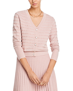 Nancy Yang Shimmer Pointelle Knit V Neck Cardigan In Pink Lurex