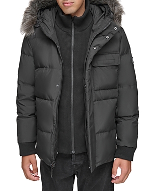 Shop Andrew Marc Nisko Faux Fur Trimmed Hooded Bib Coat In Black