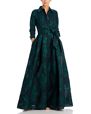 Shop Teri Jon By Rickie Freeman Metallic Jacquard Gown In Emerald