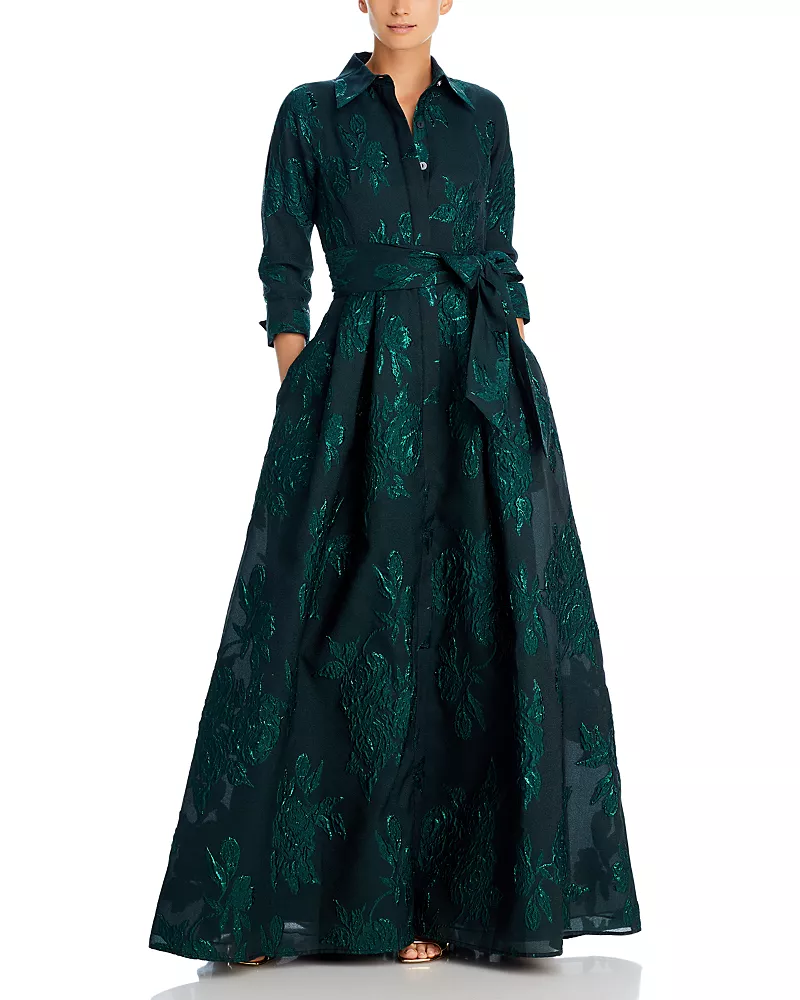 Teri Jon by Rickie Freeman Metallic Jacquard Shirt Dress Gown