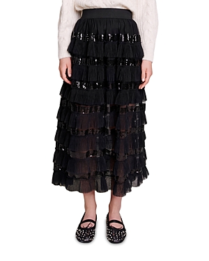 Shop Maje Josephy Sequined Ruffled Maxi Skirt In Black