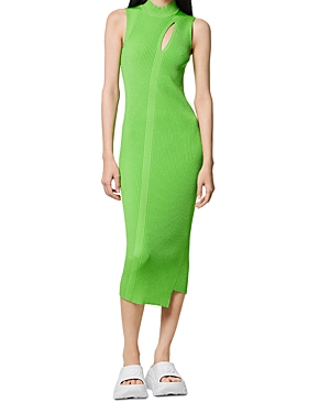 Versace Ribbed Knit Midi Dress With Front Cutout In Spring Green