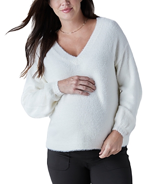 Shop Ingrid & Isabel Fluffy V-neck Maternity Sweater In Cream