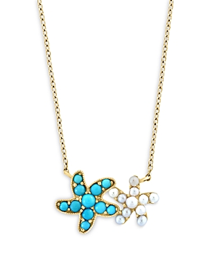 Bloomingdale's Turquoise & Cultured Freshwater Pearl Starfish Pendant Necklace In 14k Yellow Gold, 18 In Blue/white