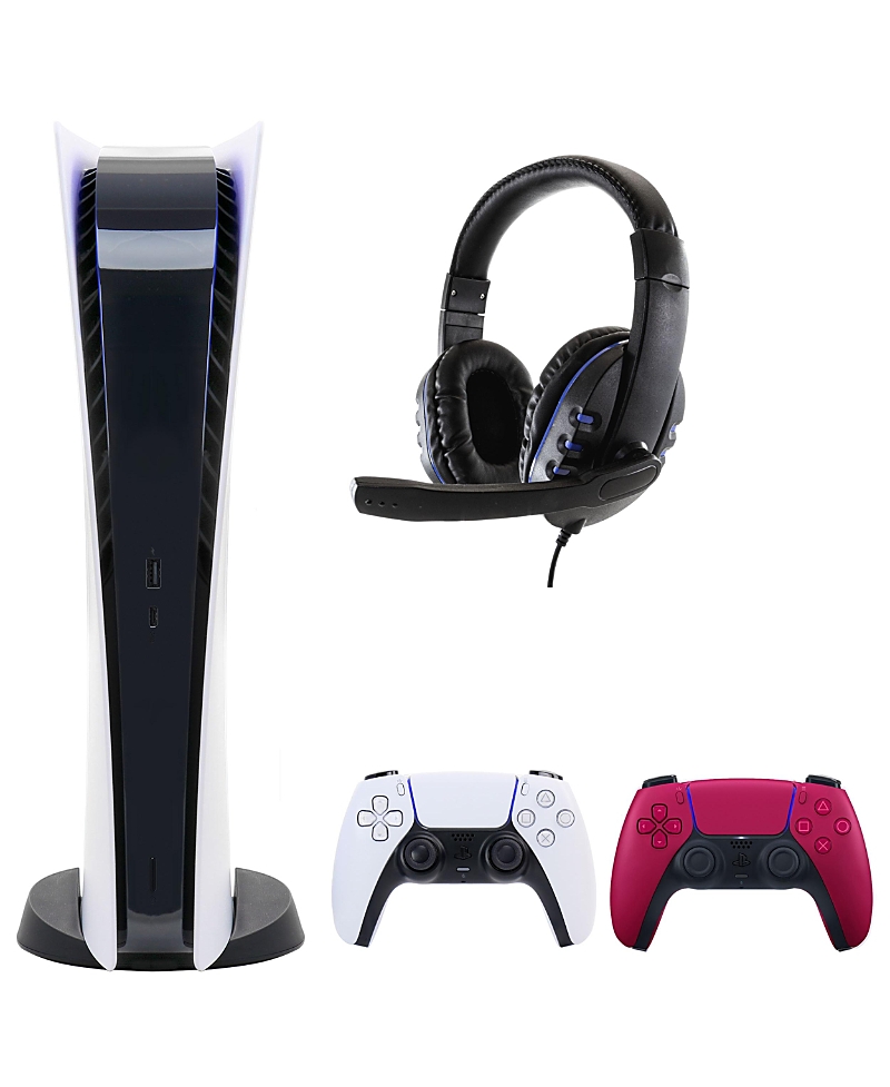 Sony Ps5 Digital Console With Extra Red Dualsense Controller And Universal Headset In Open White