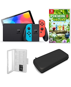 Nintendo Switch Oled in Neon with Pikmin 3 Game and Accessories Kit