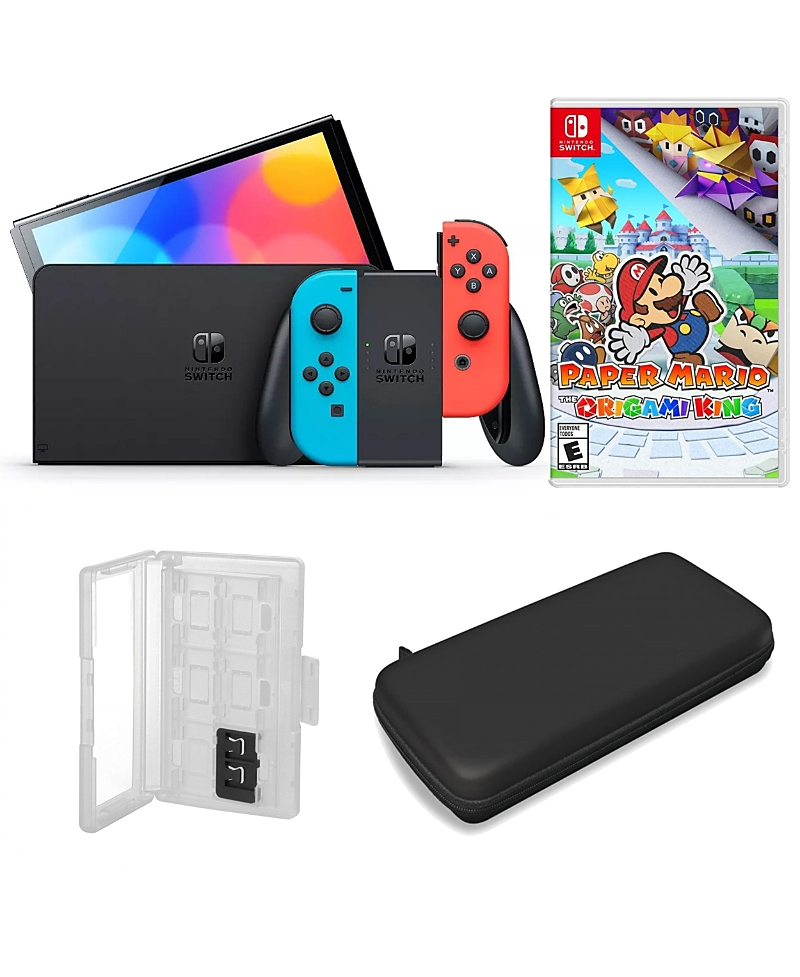 Nintendo Switch Oled in Neon with Paper Mario Game and Accessories Kit