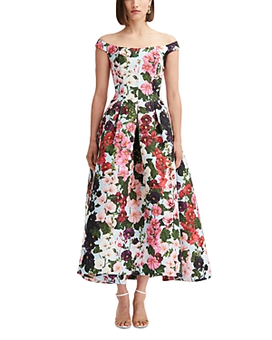 Shop Oscar De La Renta Floral Print Off The Shoulder Midi Dress In Pink/pale Blue