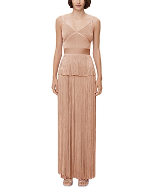 Shop Herve Leger Strappy Ottoman Metallic Fringe Gown In Met Rose Gold