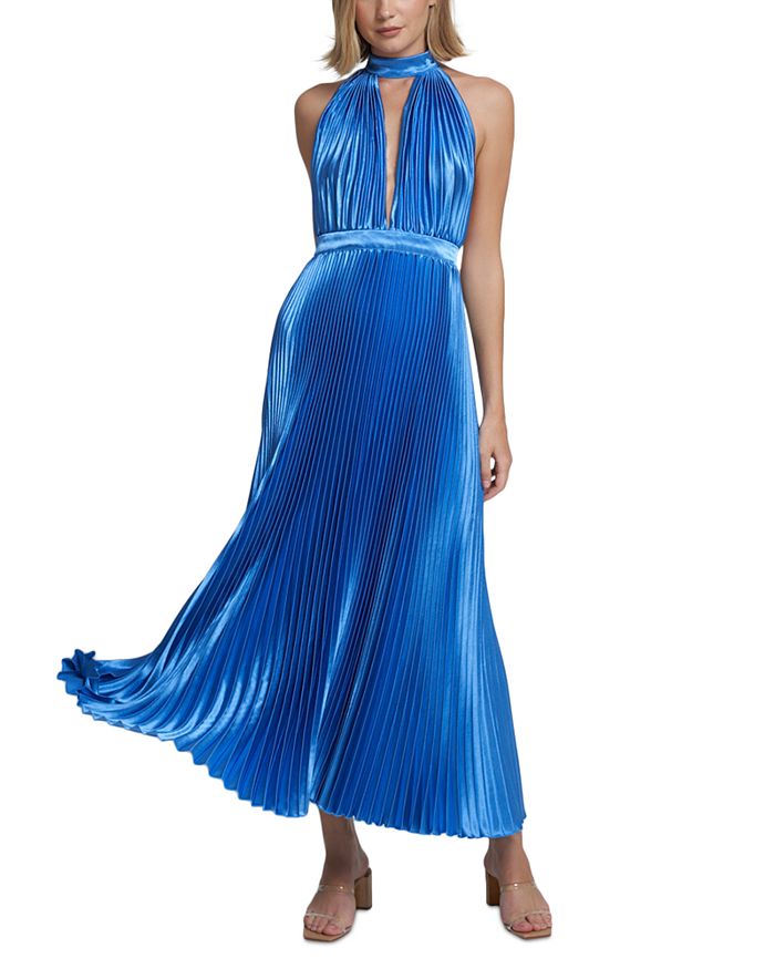 L'IDEE Chateau Pleated Satin Halter Gown | Bloomingdale's