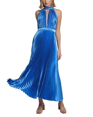 Shop L'idée L'idee Chateau Pleated Satin Halter Gown In Medit Blue